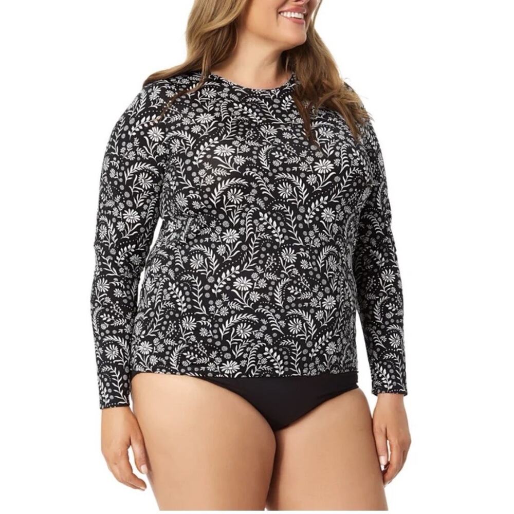Lands’ End Women’s XXL (20) Black White Floral Rash Guard Swim Top Beach SPF 50